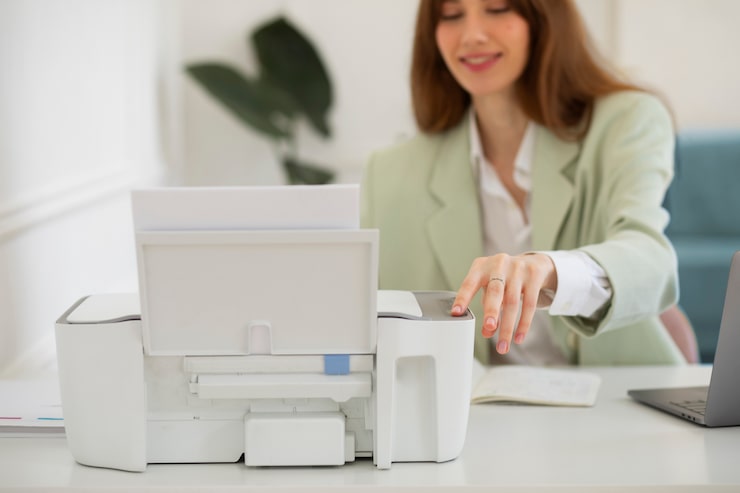 front-view-smiley-woman-using-printer-work_23-2149628869
