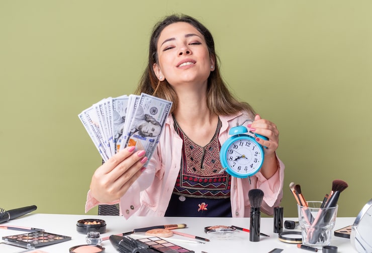 pleased-young-brunette-girl-sitting-table-with-makeup-tools-holding-money-alarm-clock-isolated-olive-green-wall-with-copy-space_141793-120850