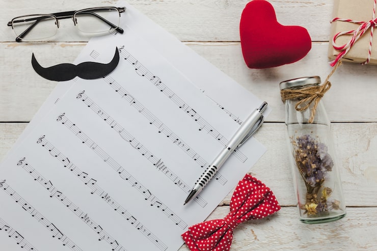 top-view-happy-father-day-with-music-concept-music-note-paper-rustic-wooden-background-accessories-with-red-heart-gift-mustache-vintage-bow-tie-dried-flower-bottle-present_1921-130