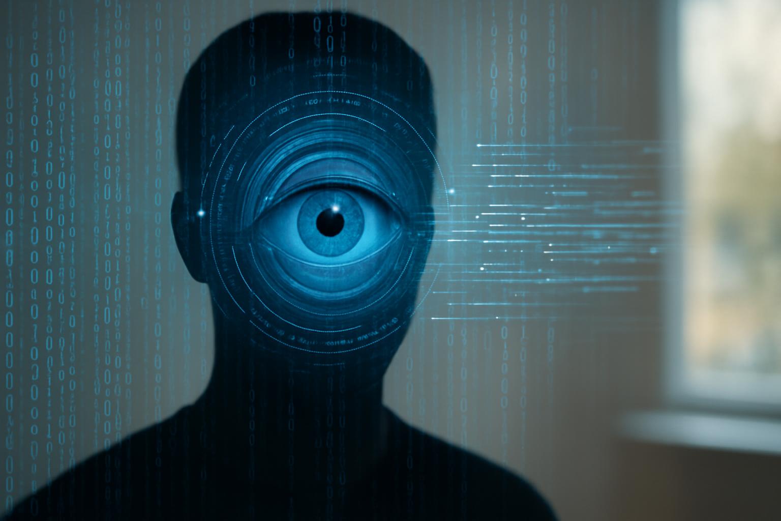 ИИ и приватность: как нейросети следят за нами и что можно сделать — A digital eye over a human silhouette, data streams and binary code, representing surveillance