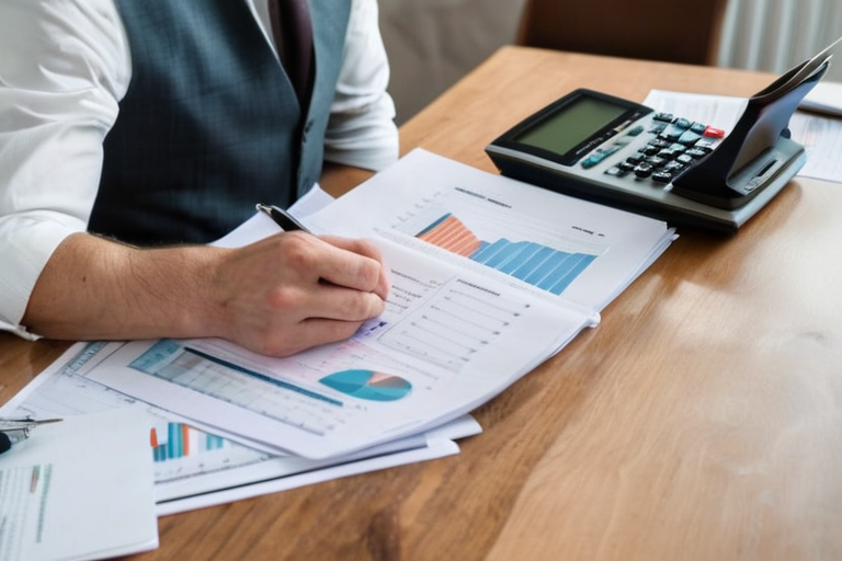 Как малому бизнесу выбрать систему налогообложения в 2026 году — Small business owner comparing tax regime documents at a wooden desk in a bright Russian office, calculator and laptop with charts, no text or logos