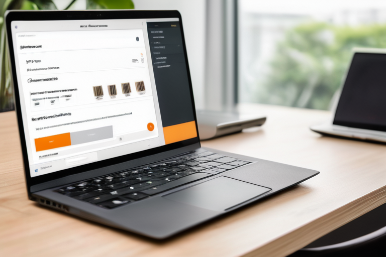 Как нейросети помогают в создании и продвижении интернет-магазина — A modern e-commerce workspace with a laptop showing product cards and a chatbot window, a person reviewing AI-generated descriptions, bright office, no text or logos.